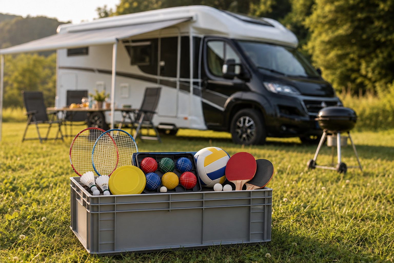 Spielebox vor dem Wohnmobil